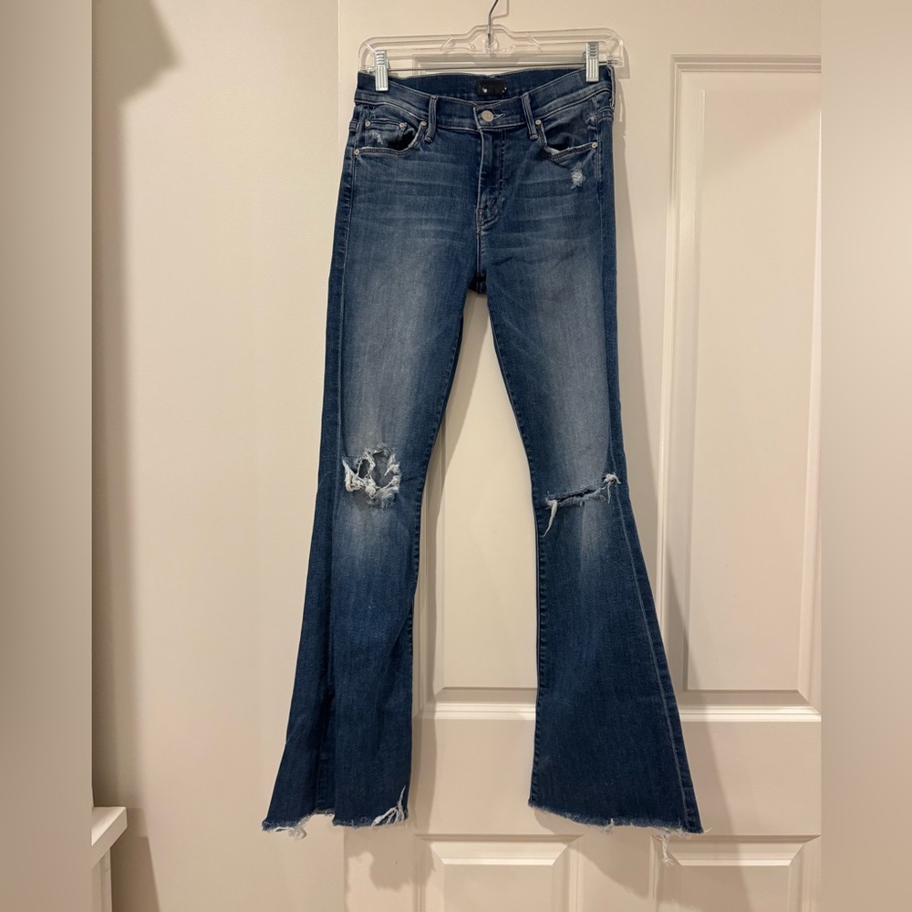 MOTHER Blue Distressed Flare Jeans